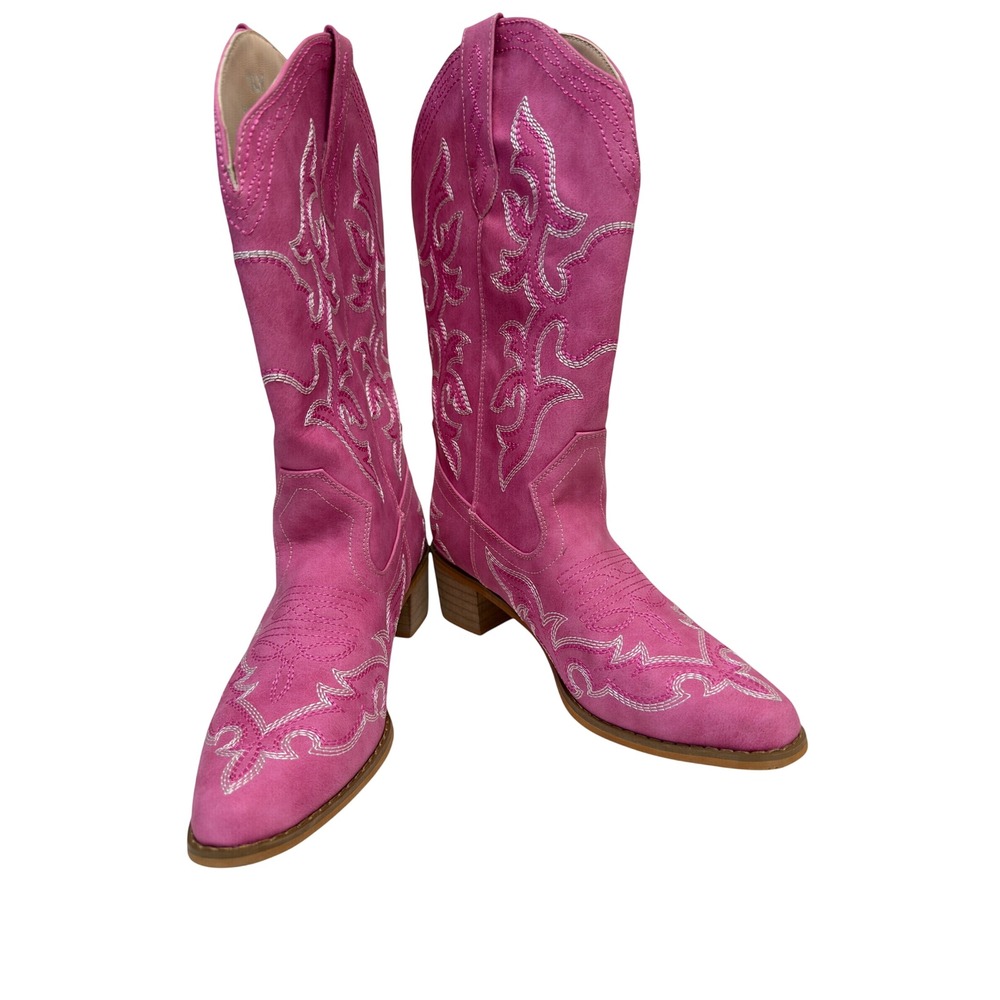 ILV Cowboy Boots Women 5 Pink Faux Suede Western Embroidered Pointed Toe